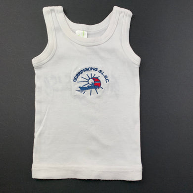 unisex RAMO, organic cotton white singlet top, Gerringong SLSC, FUC, size 00,  