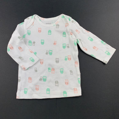 Girls Carters, white cotton long sleeve top, owls, EUC, size 000,  