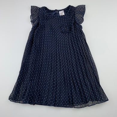 Girls Target, lined pleated navy party dress, GUC, size 1, L: 48cm
