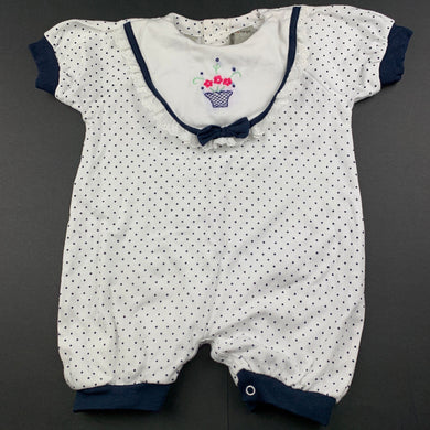 Girls Target, white & navy spot cotton romper, FUC, size 0,  