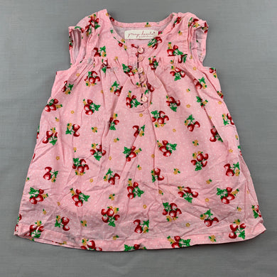 Girls Young Hearts, lined cotton dress, strawberries, GUC, size 0, L: 39cm