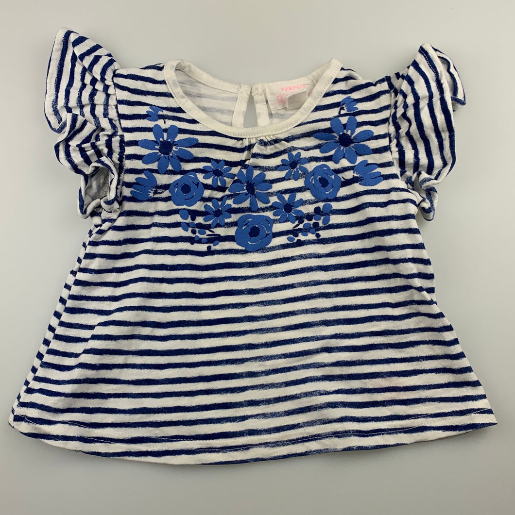 Girls Pumpkin Patch, blue & white stripe cotton top, flowers, EUC, size 00,  