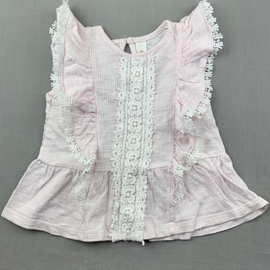 Girls Dymples, pink & white cotton top, lace trim, GUC, size 0,  