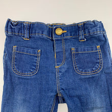 Load image into Gallery viewer, Girls Zara, blue stretch denim jeans, adjustable, Inside leg: 26cm, GUC, size 1,  