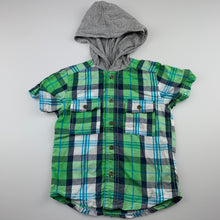 Load image into Gallery viewer, Boys Pumpkin Patch, checked cotton short sleeve hooded shirt, GUC, size 1,  