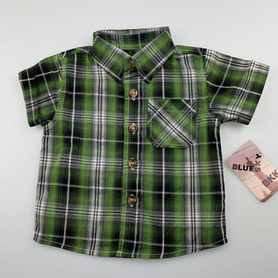 Boys Blue Sky, green check lightweight cotton short sleeve shirt, NEW, size 00,  