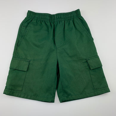Boys LWR, green school cargo shorts, elasticated, internal drawcord missing, elastic functional, GUC, size 4,  
