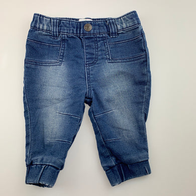 unisex Higgledee, stretch knit denim pants, elasticated, EUC, size 00,  