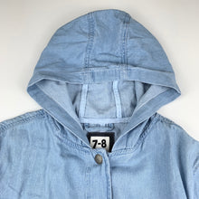 Load image into Gallery viewer, unisex Cotton On, blue chambray cotton lightweight jacket, coat, small pink mark on front, FUC, size 7-8,  