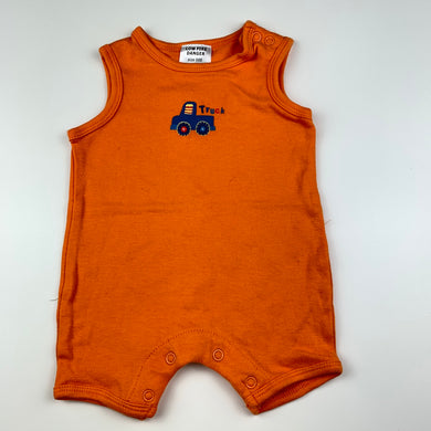 Boys Dymples, orange cotton romper, truck, EUC, size 000,  