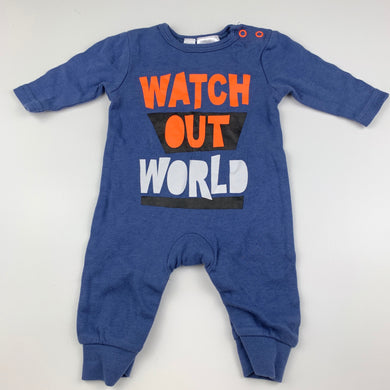 Boys Dymples, blue cotton romper, watch out world, EUC, size 0000,  
