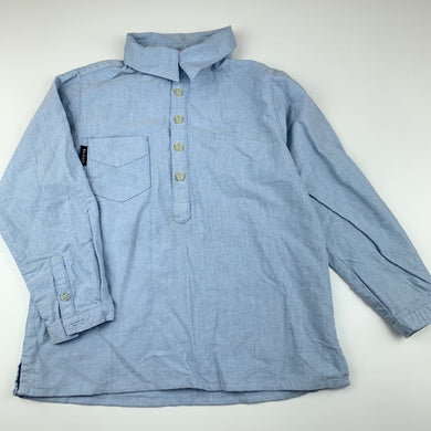 Boys Fred Bare, blue cotton long sleeve shirt, button missing, right sleeve, FUC, size 4,  