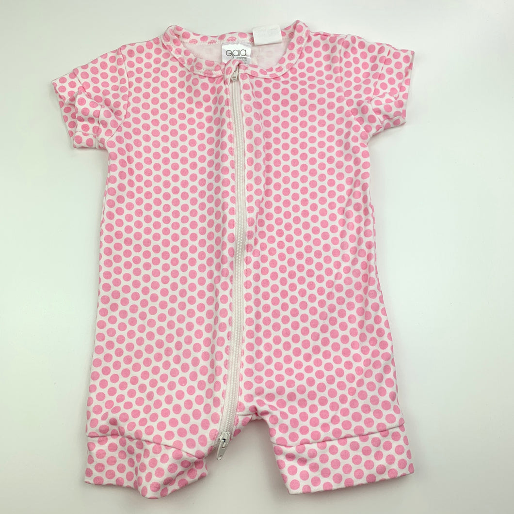 Girls Gaia, pink spot organic cotton zip romper, GUC, size 000,  
