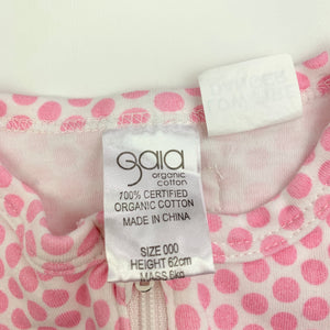Girls Gaia, pink spot organic cotton zip romper, GUC, size 000,  