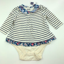 Load image into Gallery viewer, Girls Gap, soft cotton navy stripe romper, floral trim, NEW, size 00,  