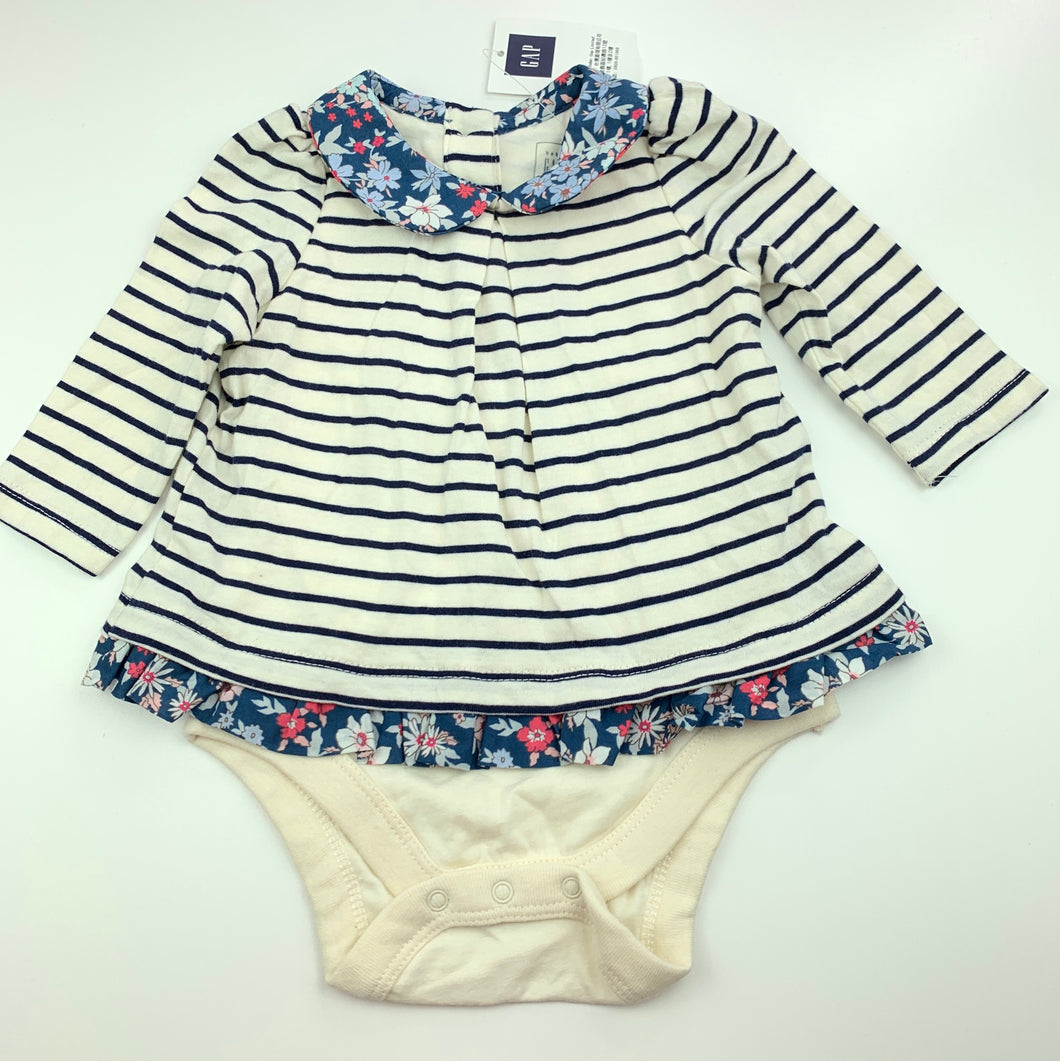 Girls Gap, soft cotton navy stripe romper, floral trim, NEW, size 00,  