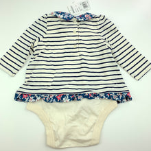 Load image into Gallery viewer, Girls Gap, soft cotton navy stripe romper, floral trim, NEW, size 00,  