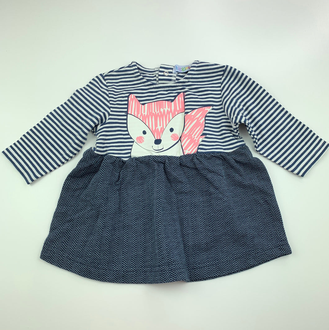 Girls Higgledee, long sleeve casual dress, fox, EUC, size 000, L: 31cm