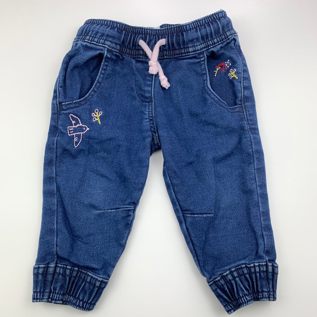 Girls Anko, embroidered stretchy knit, denim pants, elasticated, GUC, size 1,  