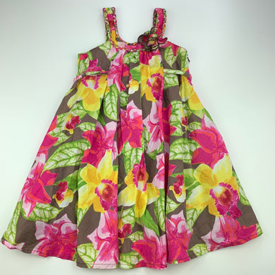 Girls Target, lined colourful floral cotton dress, light marks lower front left, FUC, size 2, L: 56 cm