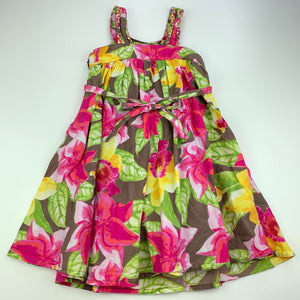 Girls Target, lined colourful floral cotton dress, light marks lower front left, FUC, size 2, L: 56 cm