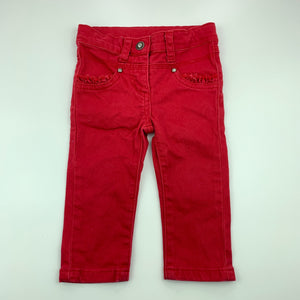 Girls 3 Pommes, red stretch denim pants, adjustable, inside leg: 22.5 cm, GUC, size 12 months,  
