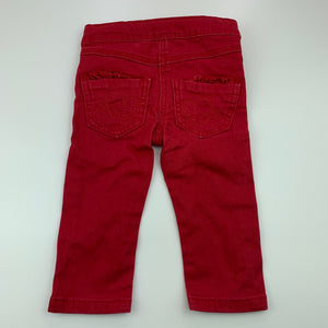 Girls 3 Pommes, red stretch denim pants, adjustable, inside leg: 22.5 cm, GUC, size 12 months,  
