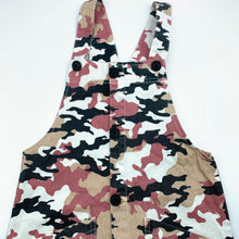 Load image into Gallery viewer, Girls KID, stretch denim camo print overalls, dress, pinafore, GUC, size 10, L: 71 cm