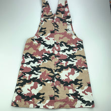 Load image into Gallery viewer, Girls KID, stretch denim camo print overalls, dress, pinafore, GUC, size 10, L: 71 cm