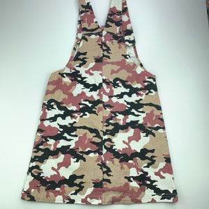 Girls KID, stretch denim camo print overalls, dress, pinafore, GUC, size 10, L: 71 cm