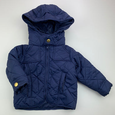 Boys Ouch, navy quilted hooded jacket, coat, GUC, size 00,  