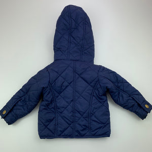 Boys Ouch, navy quilted hooded jacket, coat, GUC, size 00,  