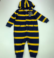 Load image into Gallery viewer, Boys striped, fleece lined hooded romper, labels removed, FUC, size 0,  