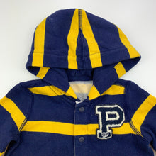Load image into Gallery viewer, Boys striped, fleece lined hooded romper, labels removed, FUC, size 0,  
