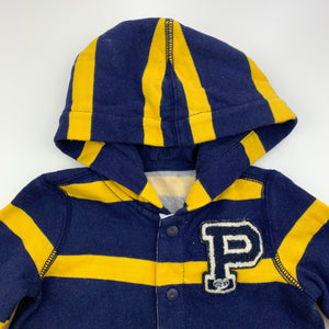 Boys striped, fleece lined hooded romper, labels removed, FUC, size 0,  