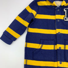 Load image into Gallery viewer, Boys striped, fleece lined hooded romper, labels removed, FUC, size 0,  