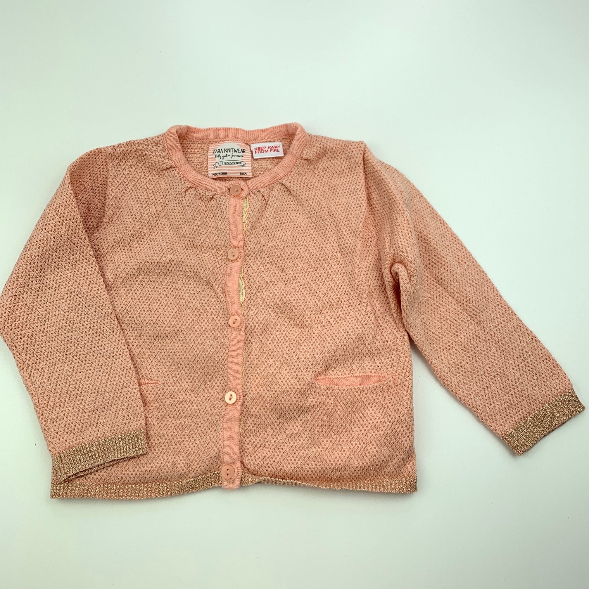 Zara, pink gold metallic lightweight knit cardigan, GUC, size