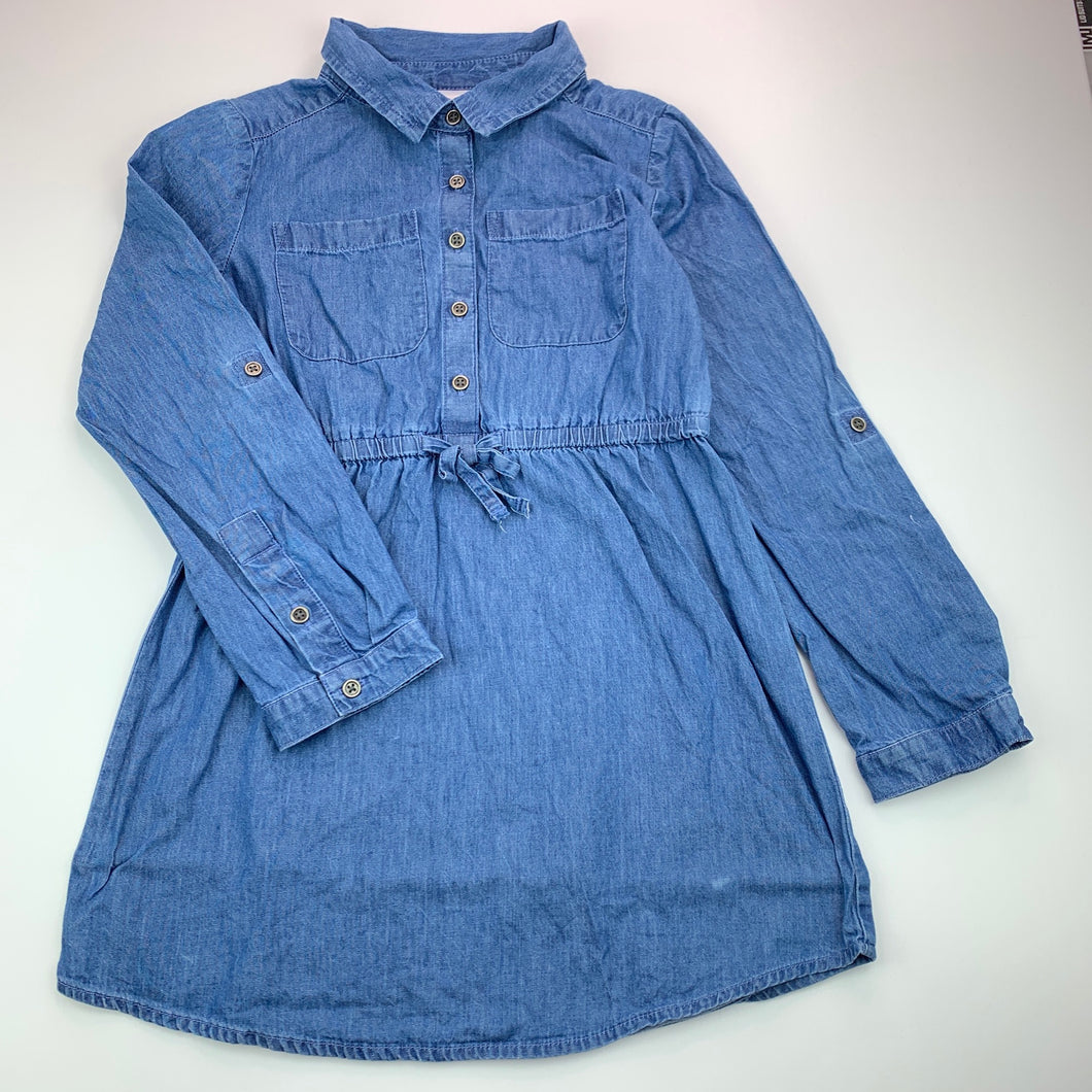 Girls Anko, blue chambray cotton shirt dress, GUC, size 7, L: 58 cm