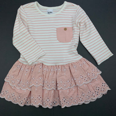 Girls Anko, pink & white long sleeve dress, EUC, size 00, L: 38cm