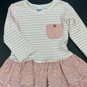 Girls Anko, pink & white long sleeve dress, EUC, size 00, L: 38cm