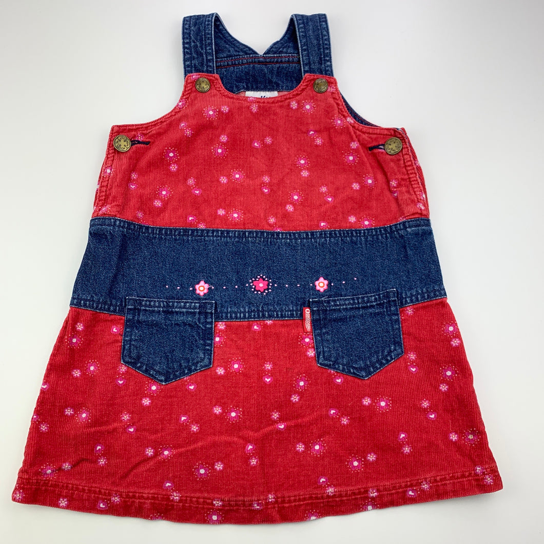 Girls Osh Kosh, vintage floral corduroy overalls dress / pinafore, FUC, size 1, L: 49cm