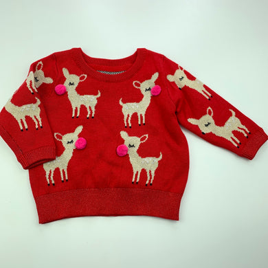 Girls M&S, red knitted sweater / jumper, deer, EUC, size 00,  