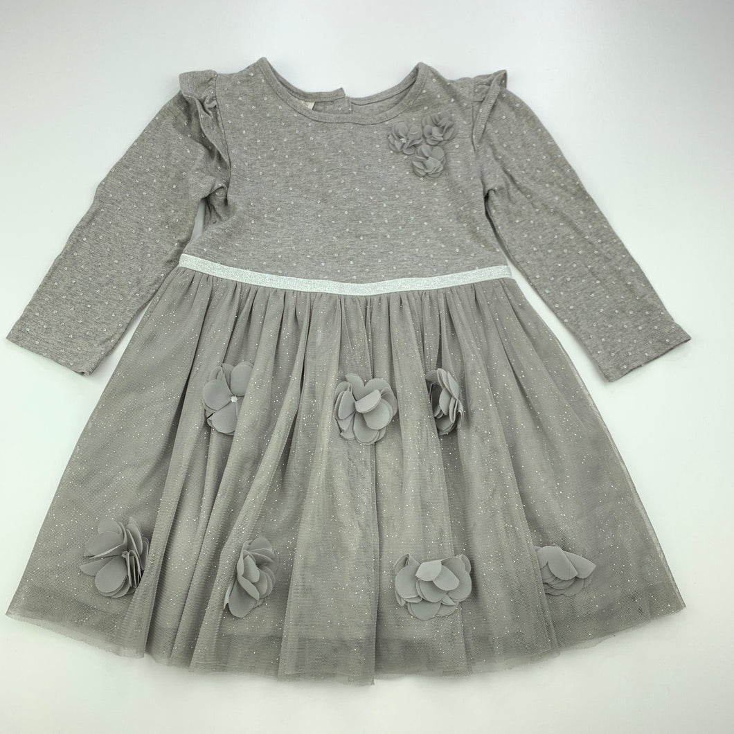 Girls Monsoon, grey cotton & tulle party dress, GUC, size 1, L: 46cm