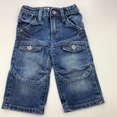 Boys ABCD Industrie, dark denim jeans, adjustable, wear on cuffs, FUC, size 0,  