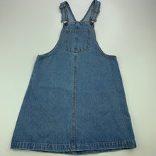 Load image into Gallery viewer, Girls Piping Hot, blue denim overalls dress / pinafore, EUC, size 7, L: 66cm