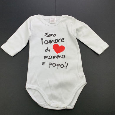 unisex Baby VIP smile, white cotton bodysuit / romper, GUC, size 00,  