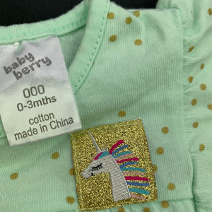 Girls Baby Berry, mint cotton romper, unicorn, EUC, size 000,  