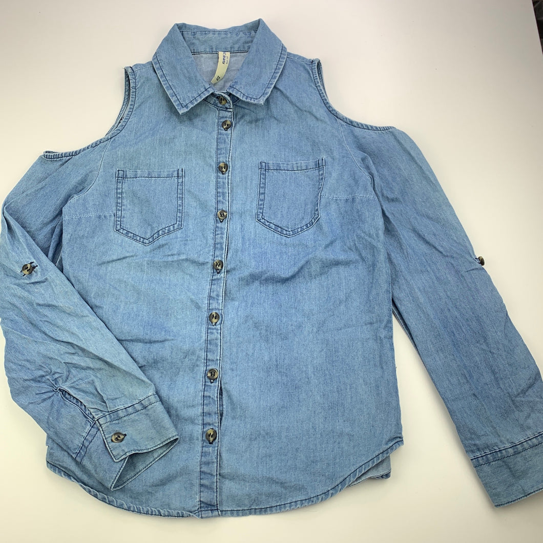 Girls Just Jeans, chambray cotton open shoulder long sleeve shirt, GUC, size 12,  