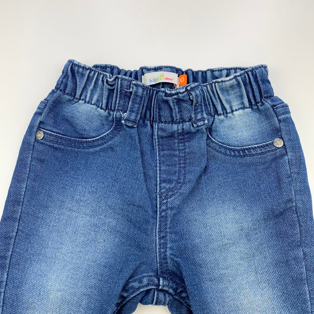 unisex Higgledee, stretch knit denim pants, elasticated, GUC, size 00,  