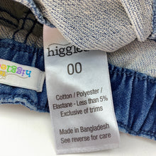 Load image into Gallery viewer, unisex Higgledee, stretch knit denim pants, elasticated, GUC, size 00,  